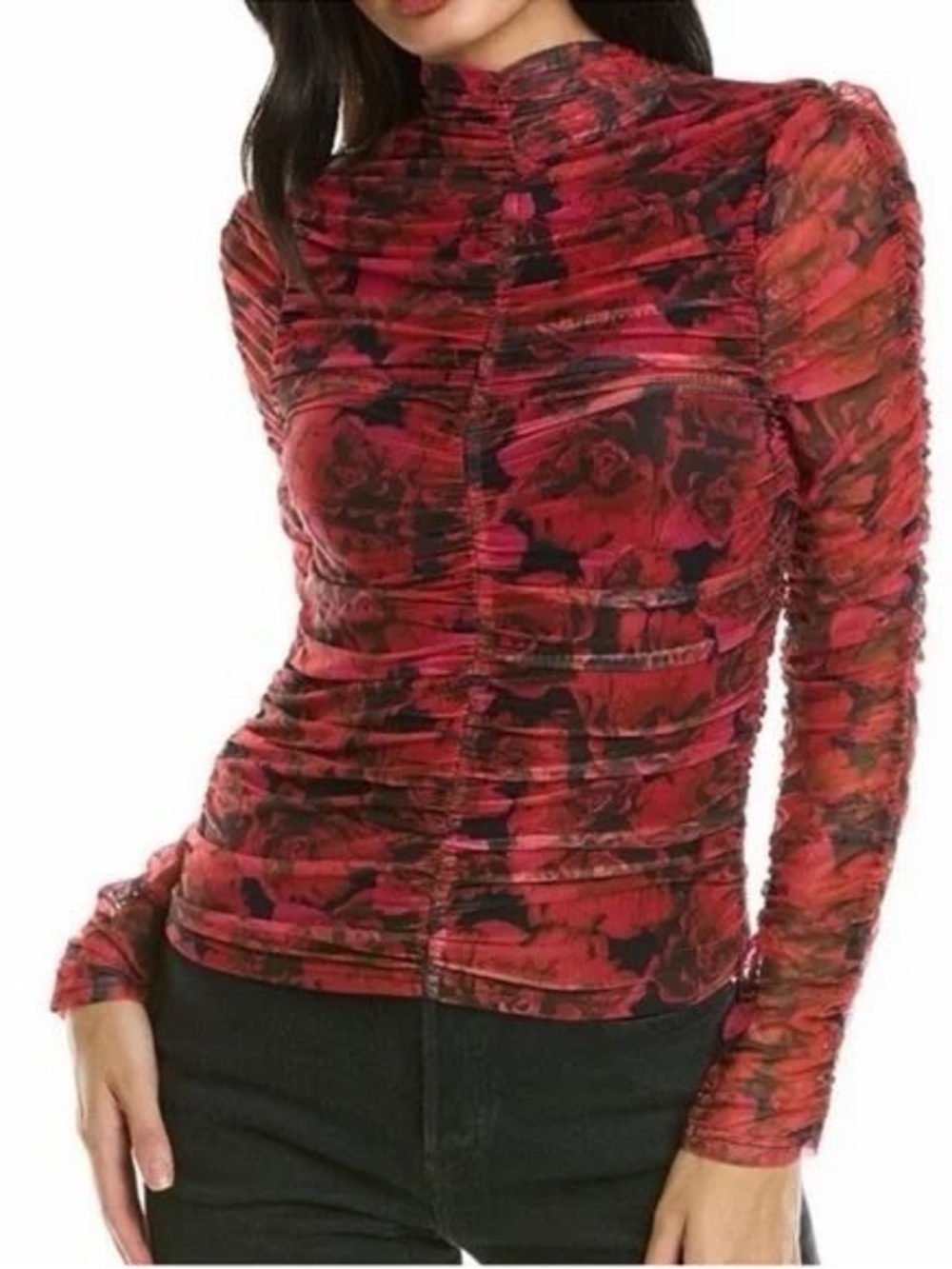 bagatelle Red Floral Ruched Long-Sleeve Mesh Top